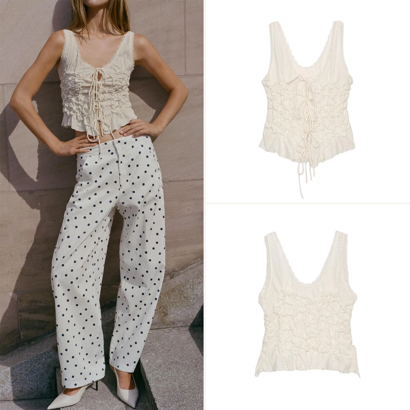 Women's Embroidered Sleeveless round Neck  Knot Top Summer Fashion 2026 Gathered Hollow out Design ZADATA Brand