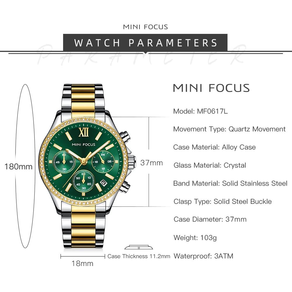 MINI FOCUS Green Dial Watch for Women with Diamonds Luxury Stainless Steel Gold Bracelet Watch 0617L