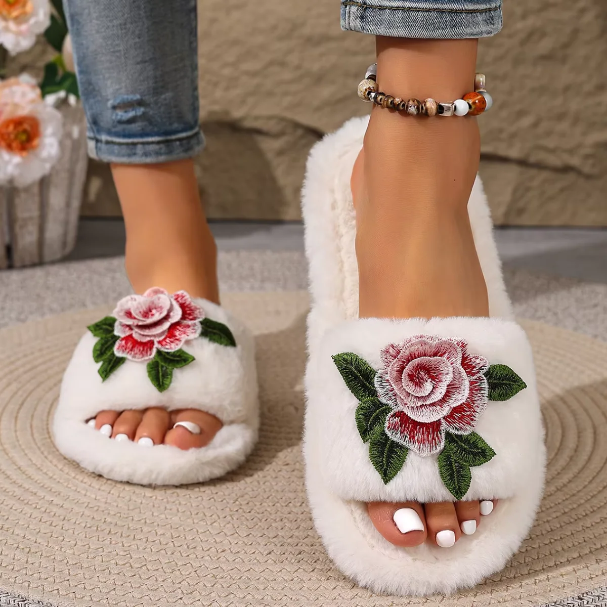 Vintage Embroidery Flower Furry Slides Women Comfy Light Weight Warm Bedroom Slippers Woman Plush Soft Soles Non Slip Shoes 43