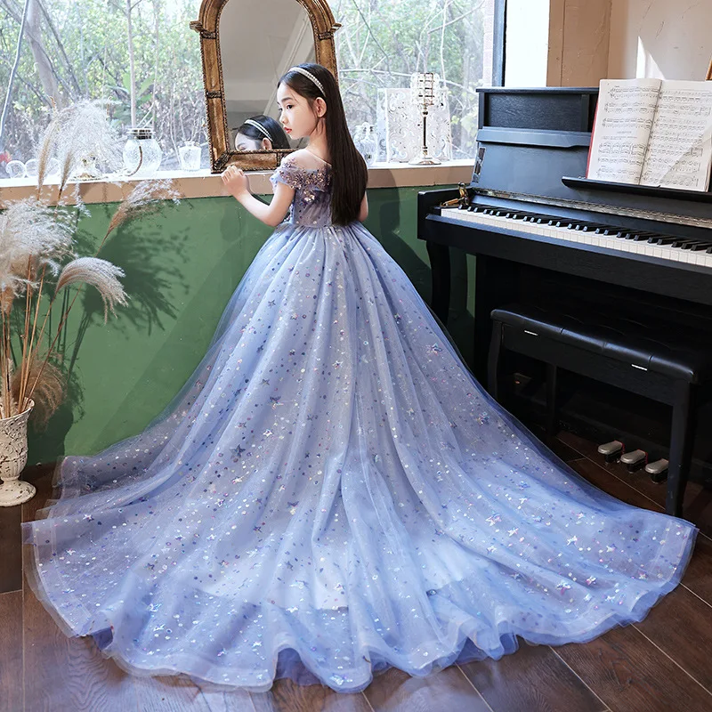 Children Formal Wear Stylish Strapless Princess Dress Catwalk Puffy Dress Piano Performance Costumes for High-end Evening Party