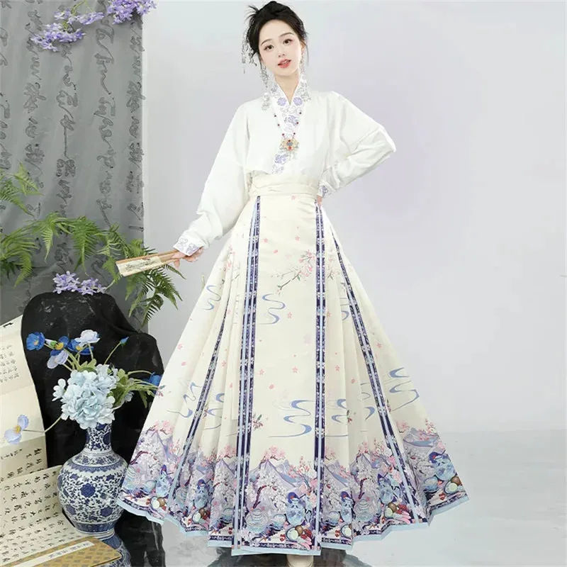 

COSda@Vintage Women Traditional Vest + Blue Pleated MaMian Skirt Chinese Hot Hanfu Shirt Horse Face