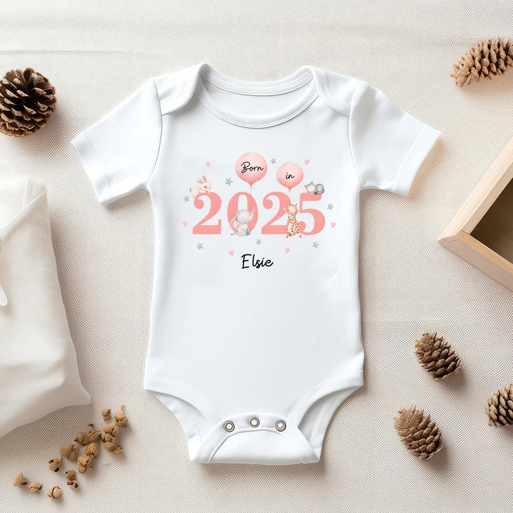 Personalize Born in 2025&animal Balloon Baby Romper Custom Name Short Sleeve Infant Jumpsuit Pregnancy Announcement Bitrh Gift