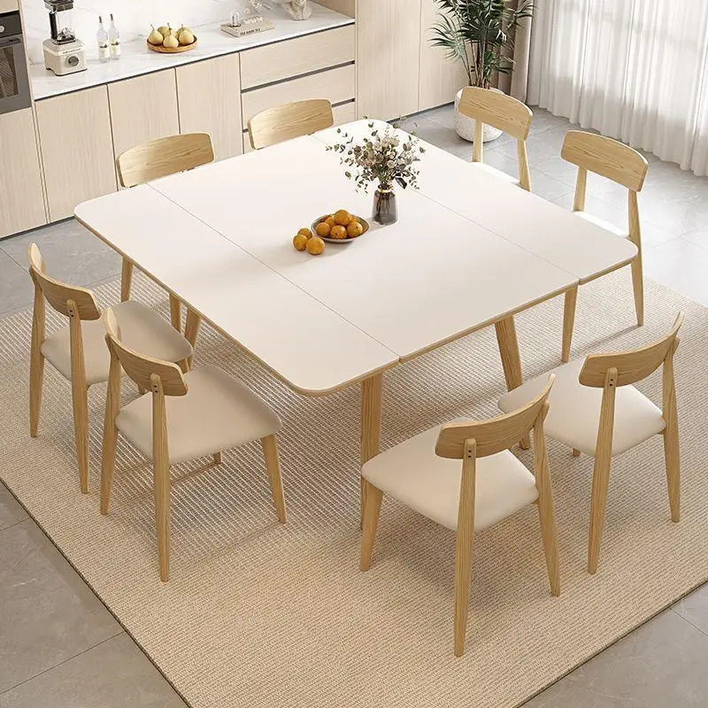 Solid wood stone board dining table and chair combo 2026 new minimalist variable square table dual-use rectangular folding