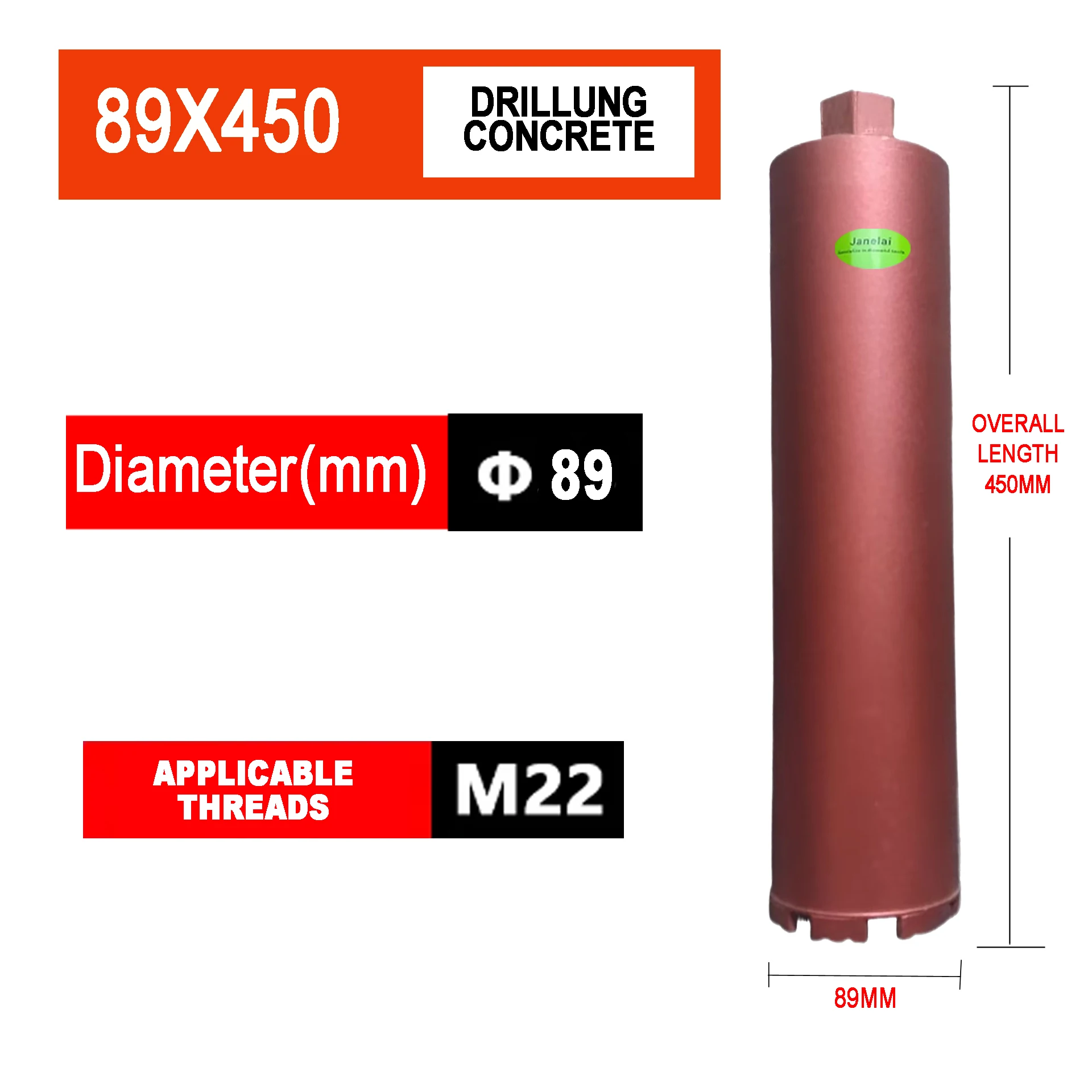

Janelai Diameter Range 89x450mm Length Diamond Hole Saw Core Bit Deep hole drill For Drilling Holes On Concrete/Brick Wall