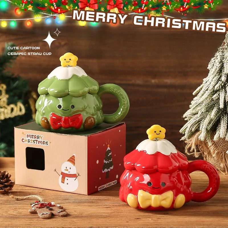 

Christmas Tree Ceramic Cup,Mixing Stick, Couple Mug with Lid,420ml Girls' High-value Birthday Gift Souvenir Drinkware