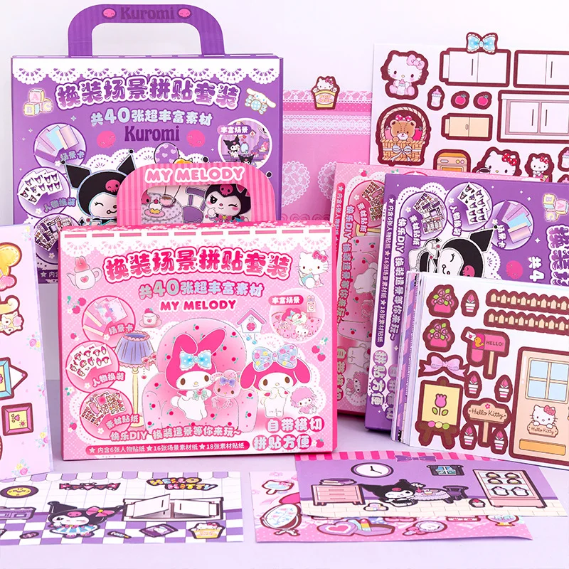 New Anime Sanrio Portable Quiet Book Stickers Kawaii Cartoon Kuromi My Melody Scene Collage Set Gift Box 3D Bubble Sticker Set
