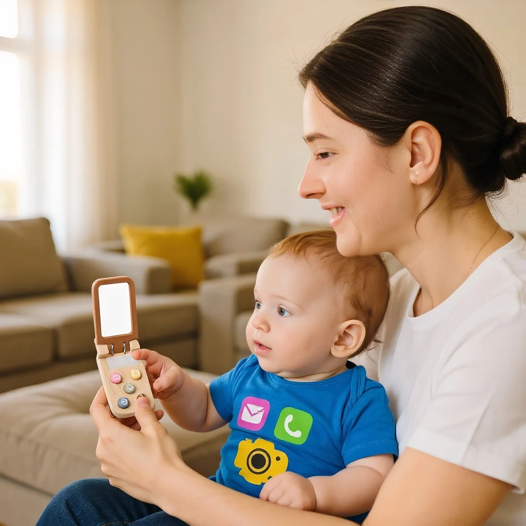Wooden Montessori Cartoon Bear Mini Flip Phone Toy Early Education Learning Toy to Promote Hand-Eye Coordination Birthday Gift