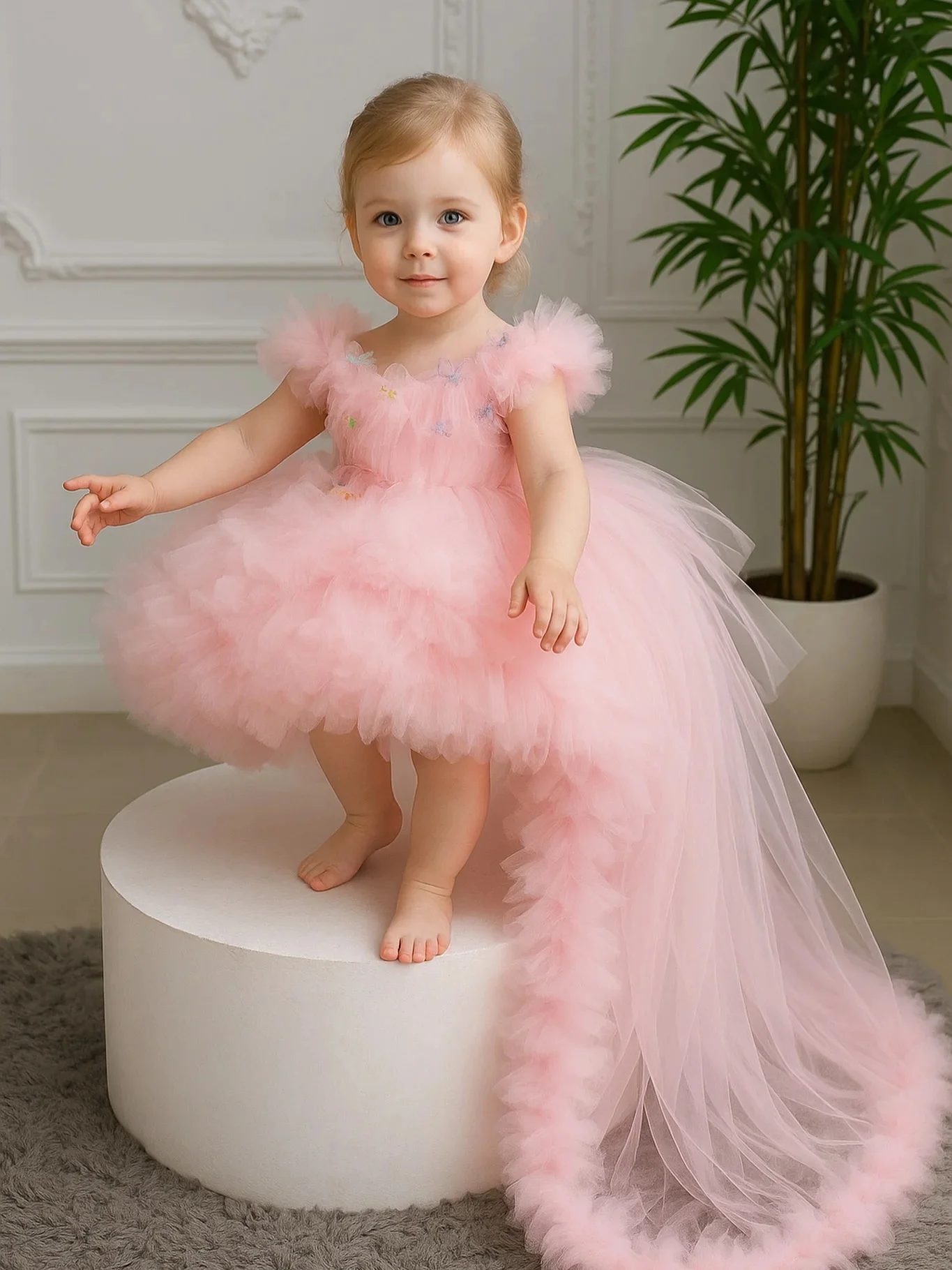 Lovely Pink Flower Girl Dress for Wedding Butterfly Asymmetry Length Tiered Birthday Party First Communion Ball Gowns Custom