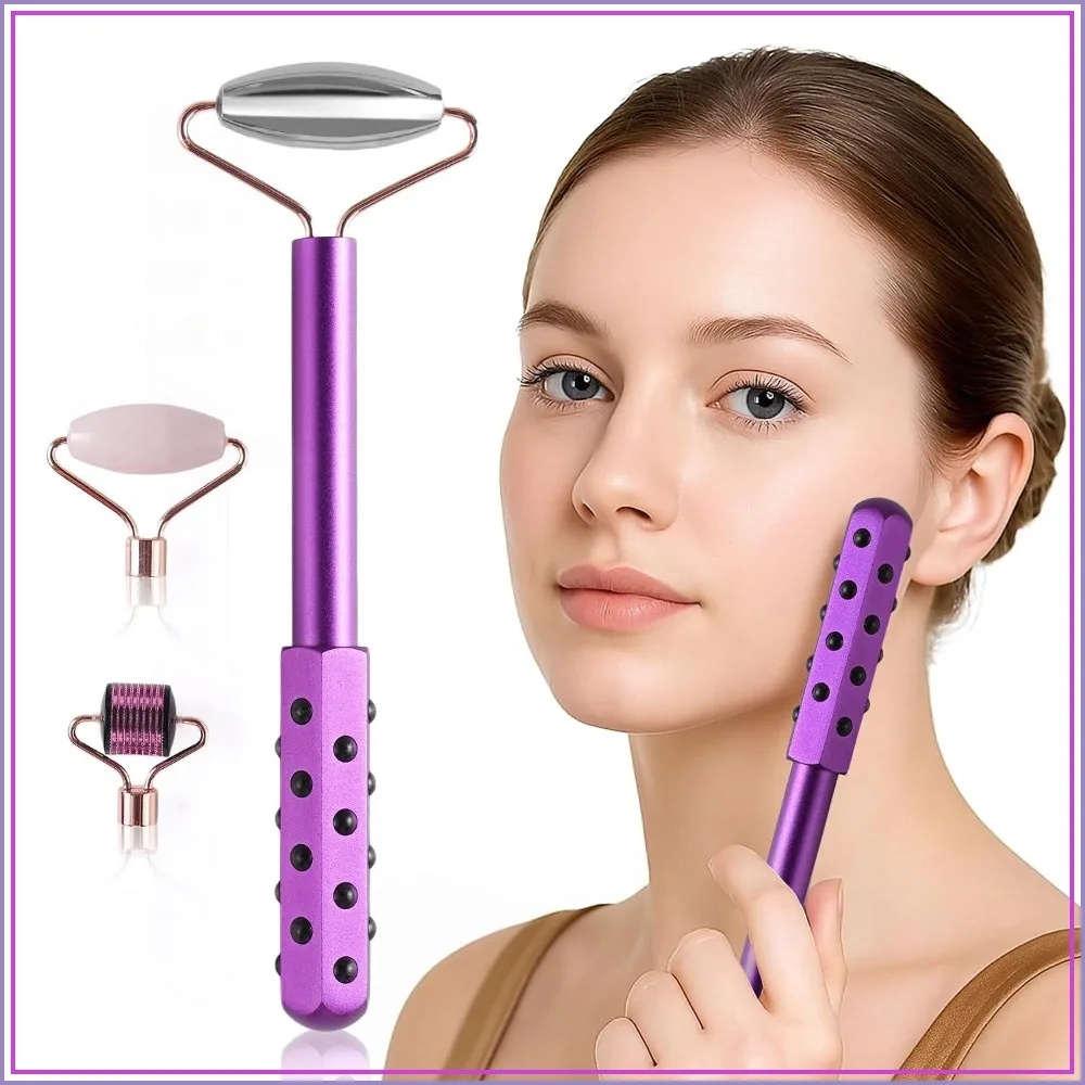 

4-in-1 Germanium Stone Face Massager Beauty Roller for Lifting, Anti-Aging with 3 Replaceable Heads - Jade, Steel, Microneedle
