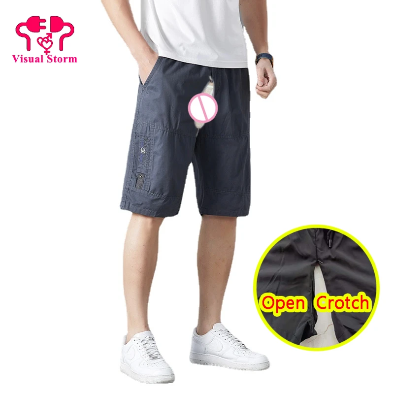 

Men Open Crotch Pants Hidden Zippers Mini Double Pocket Breathable Casual Crotchless Clubwear Outdoor Sport Easy Take Off Shorts