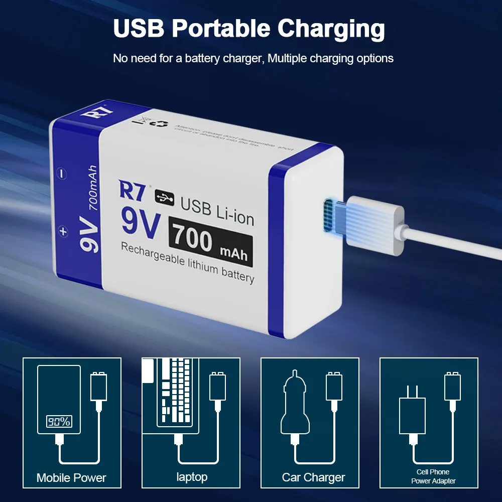 Batería de iones de litio R7, pila recargable USB tipo c, 9V, 700mAh, 6F22, 9V, para detector de metales, micrófono, juguete