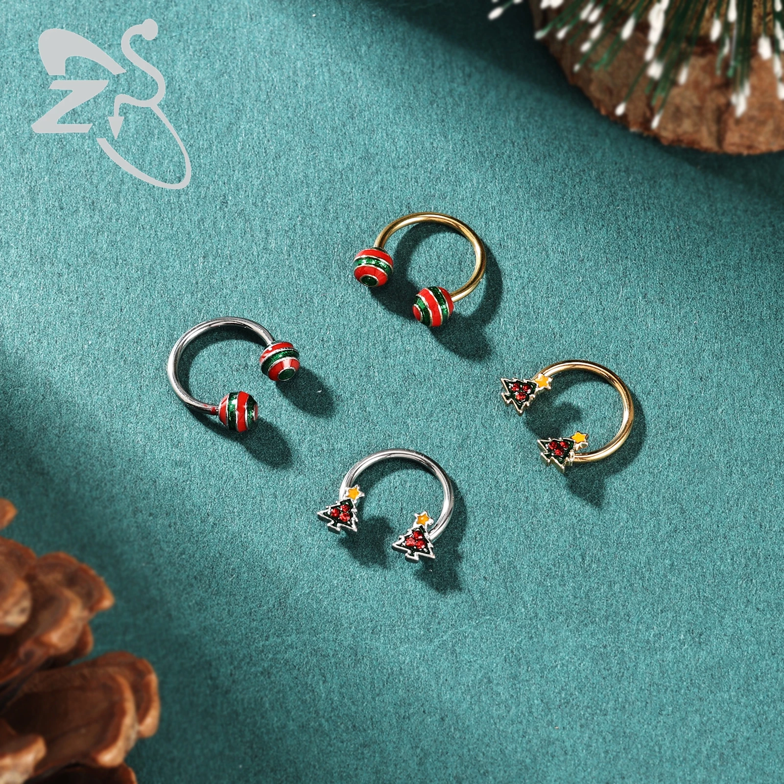 ZS 1PC Choinka Święty Mikołaj Piercing nosa Srebrny kolor Pierścień przegrody Pierścień ze stali nierdzewnej Piercing nosa Chrząstka 16G