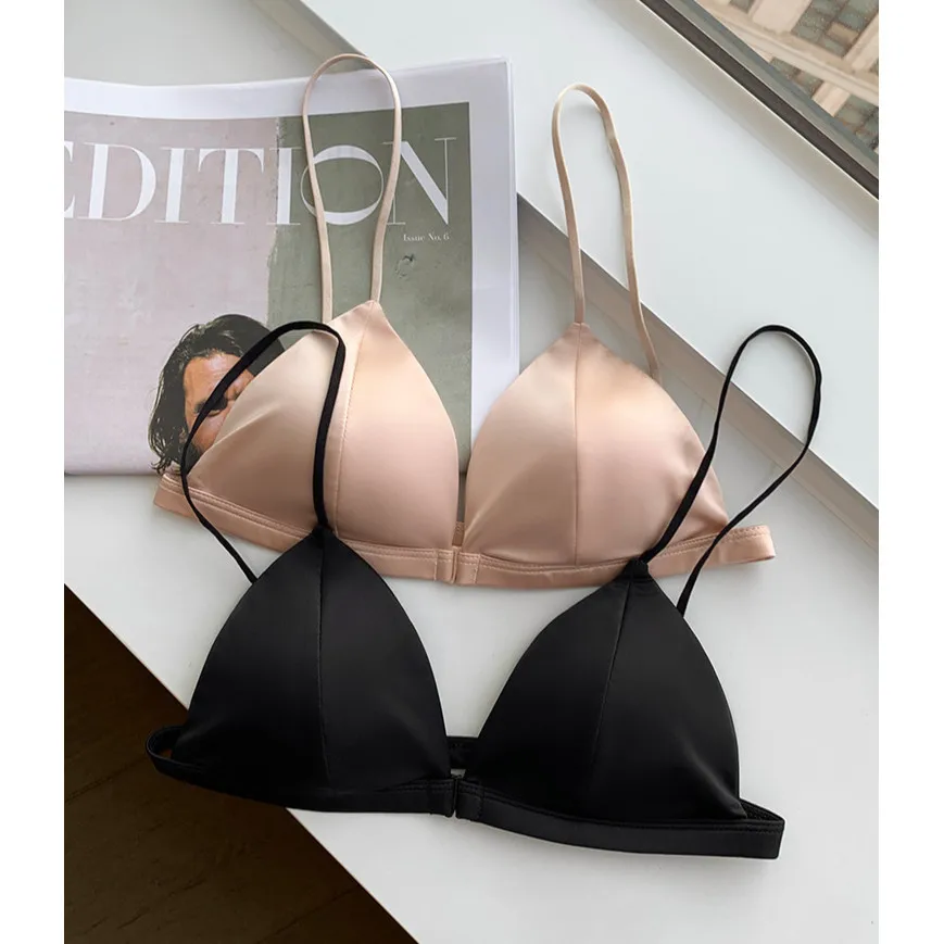 Thin Cup Comfortable Front Buckle Cross Back Underwear Sexy French Satin Triangle Light Comfortable Breathable Bra