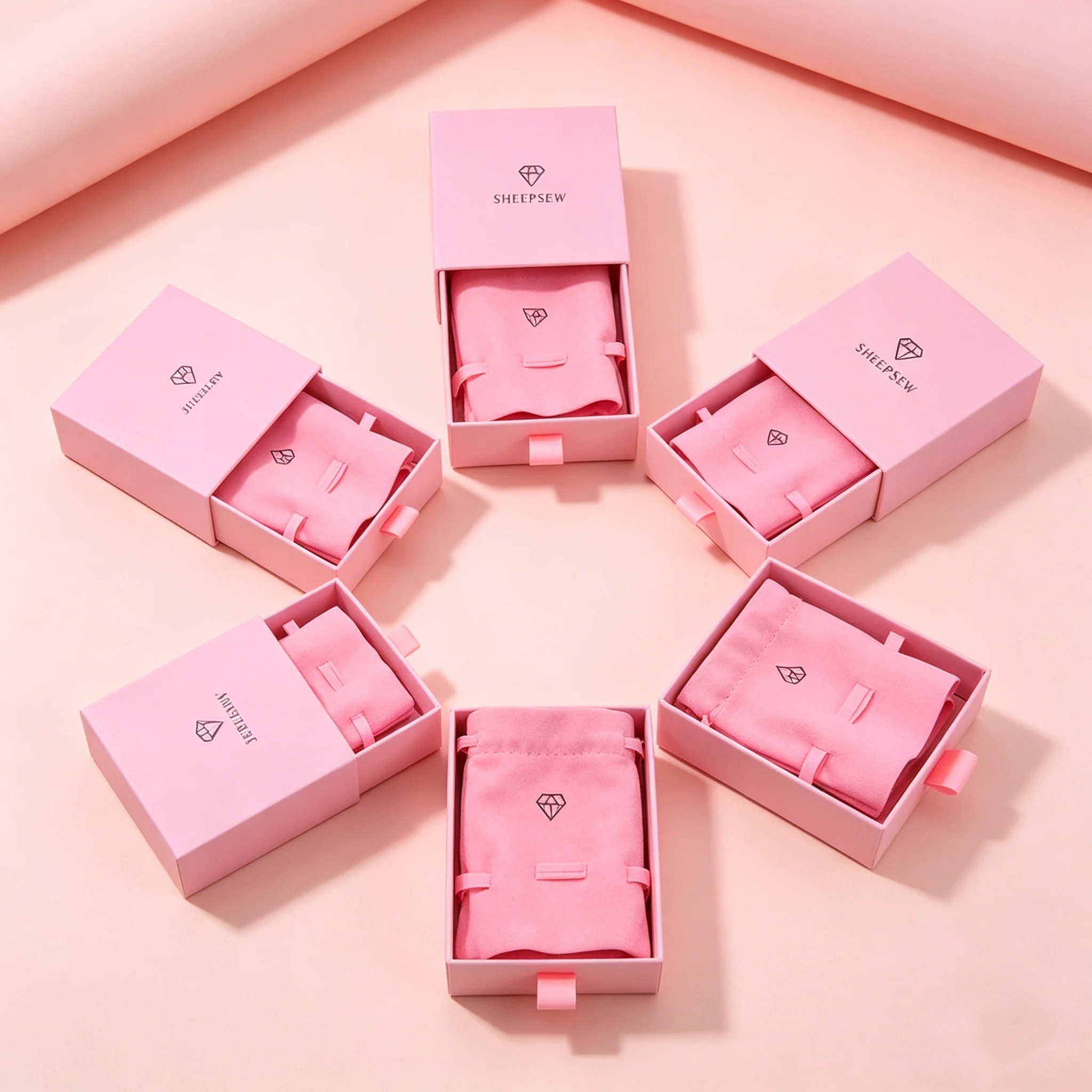 

SheepSew Elegant Pink Drawer Type Jewelry Gift Box with Soft Suede Jewellery Pouch Luxury Packaging Set