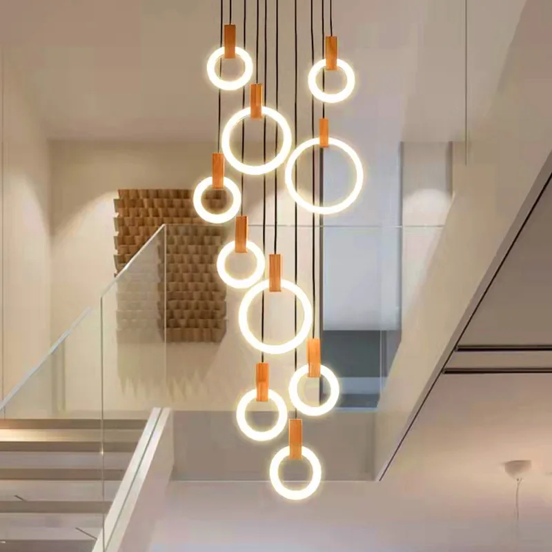 Nordic simple post-modern personalized apartment villa living room, spiral staircase long chandelier c