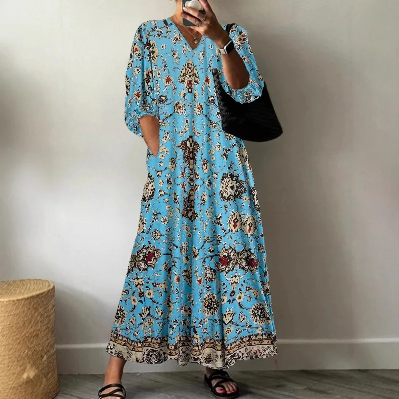2025 여름 패션 캐주얼 브이넥 3/4 소매 플로럴 루즈핏 맥시 드레스