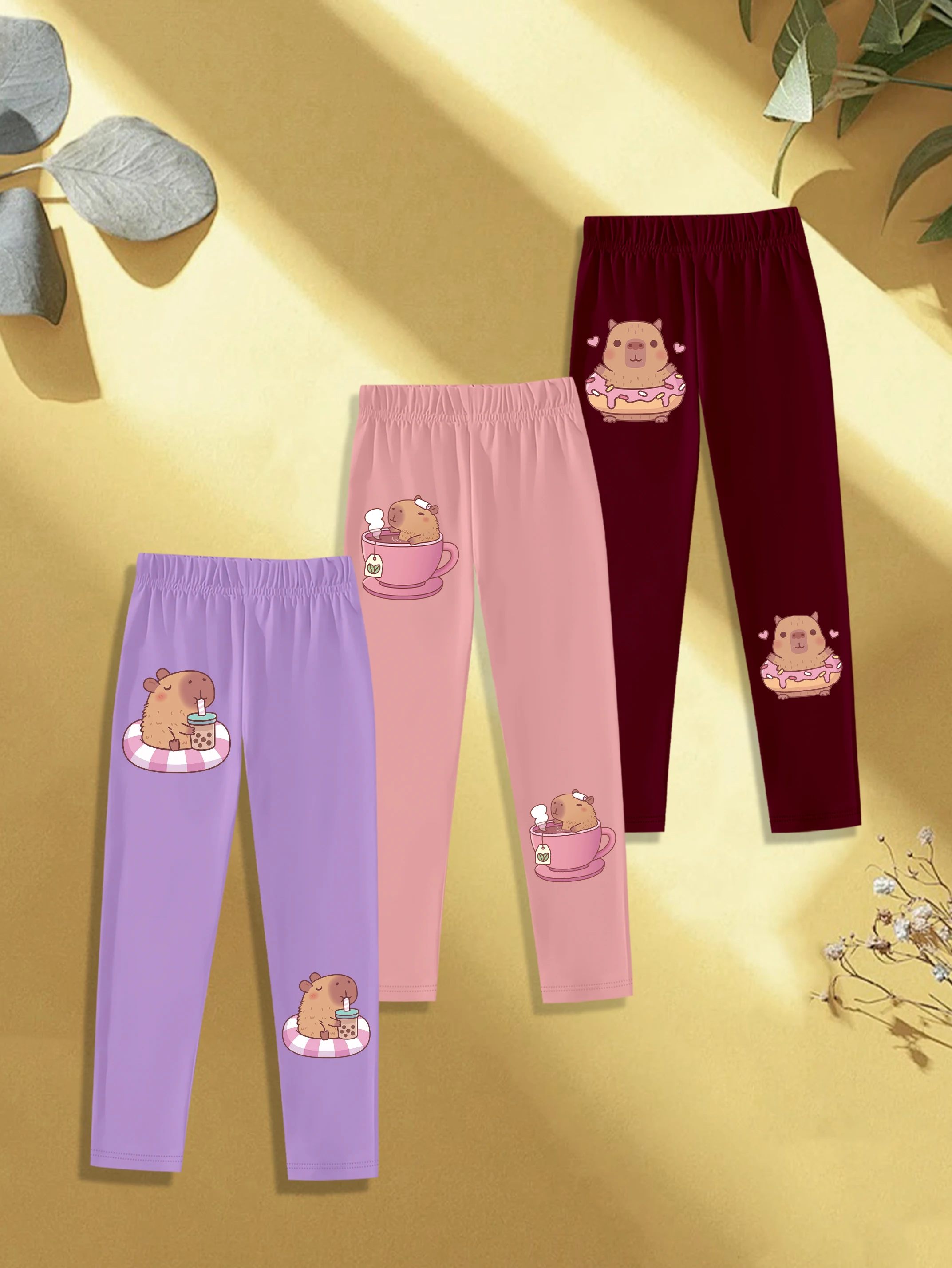 3 pieces: Autumn Girls Leggings Cute Capybara with Donut Boba Tea Print Sweet Bottoms