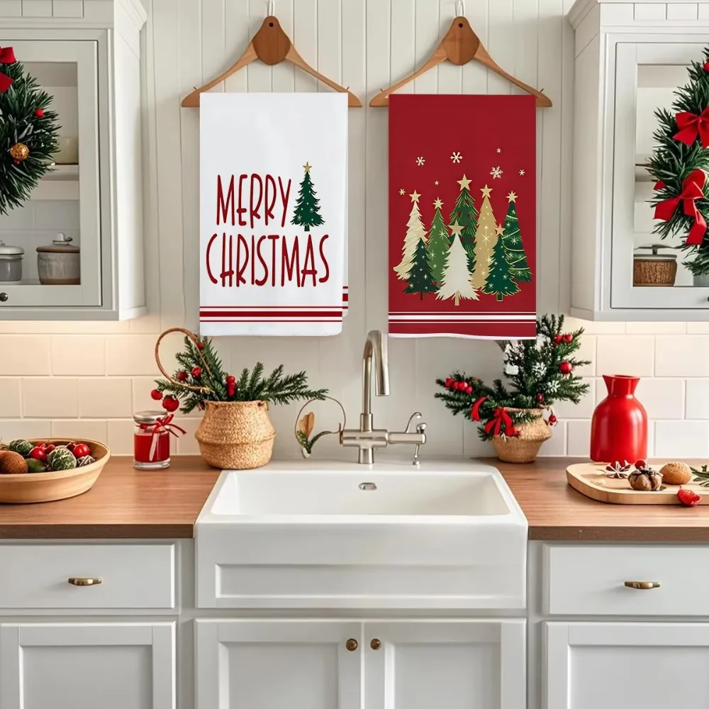 2PCS Star Christmas Tree Pattern Merry Christmas Kitchen Towel Water-absorbent Washable Dish Washing Cloth Rectangular
