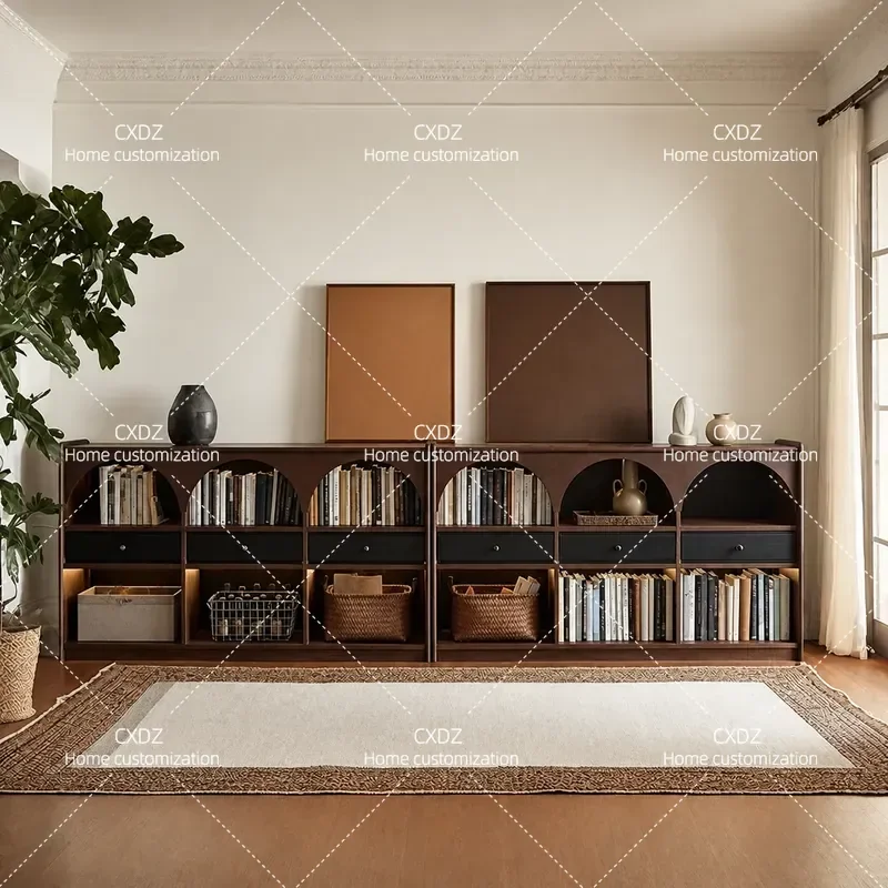 Retro Living Room Half Wall Bookcase Solid Wood Storage Display Cabinet Side Cabinet Combination Shelf Module Furniture