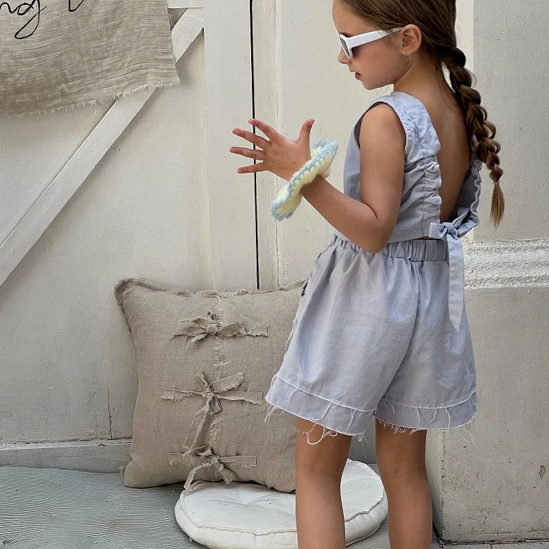 

Girls Suit 2024 Korean Style Summer New Solid Color Backless Sleeveless Vest Shorts Two Piece Simple Summer Children Suit