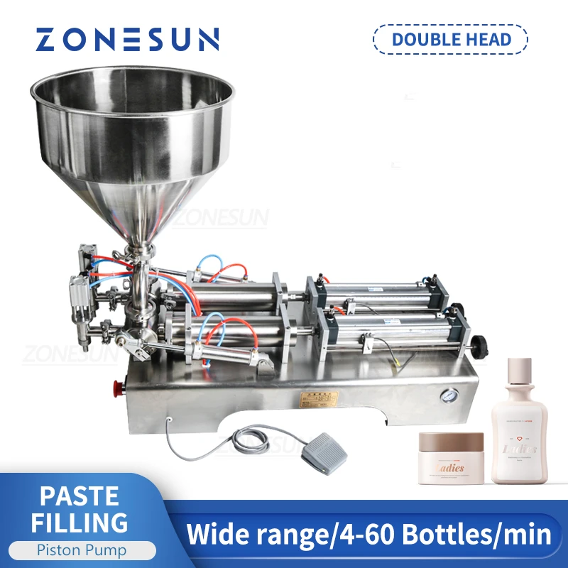 ZONESUN – Machine de remplissage pneumatique automatique à Double tête, trémie pour shampoing, Lotion hydratante, huile cosmétique, remplissage d'eau au miel