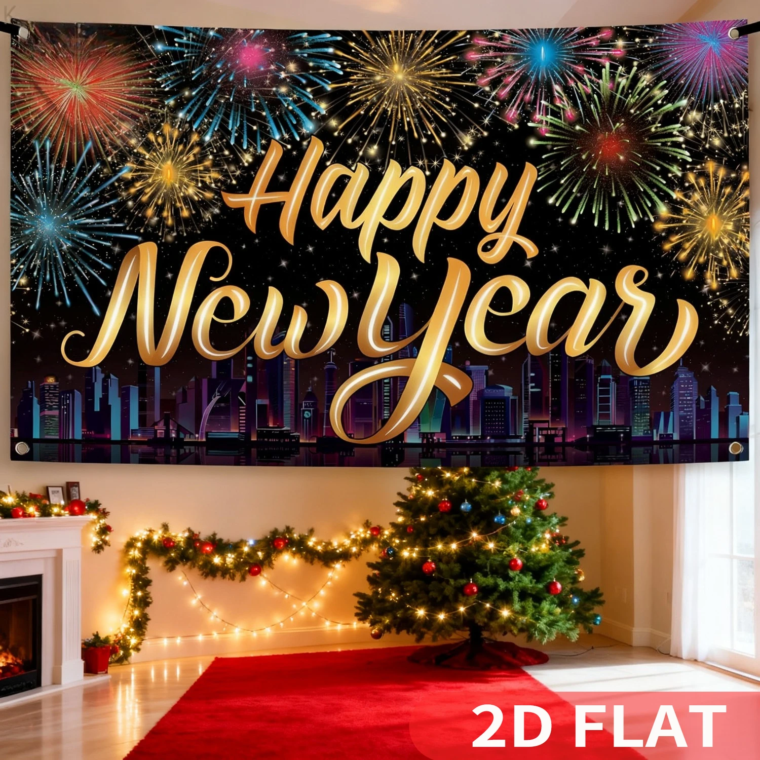

1pc Happy New Year Party Packs Banner - Durable Polyester 72x44 Inch | 2026 Firework Backdrop for New Years Eve Party Supplies