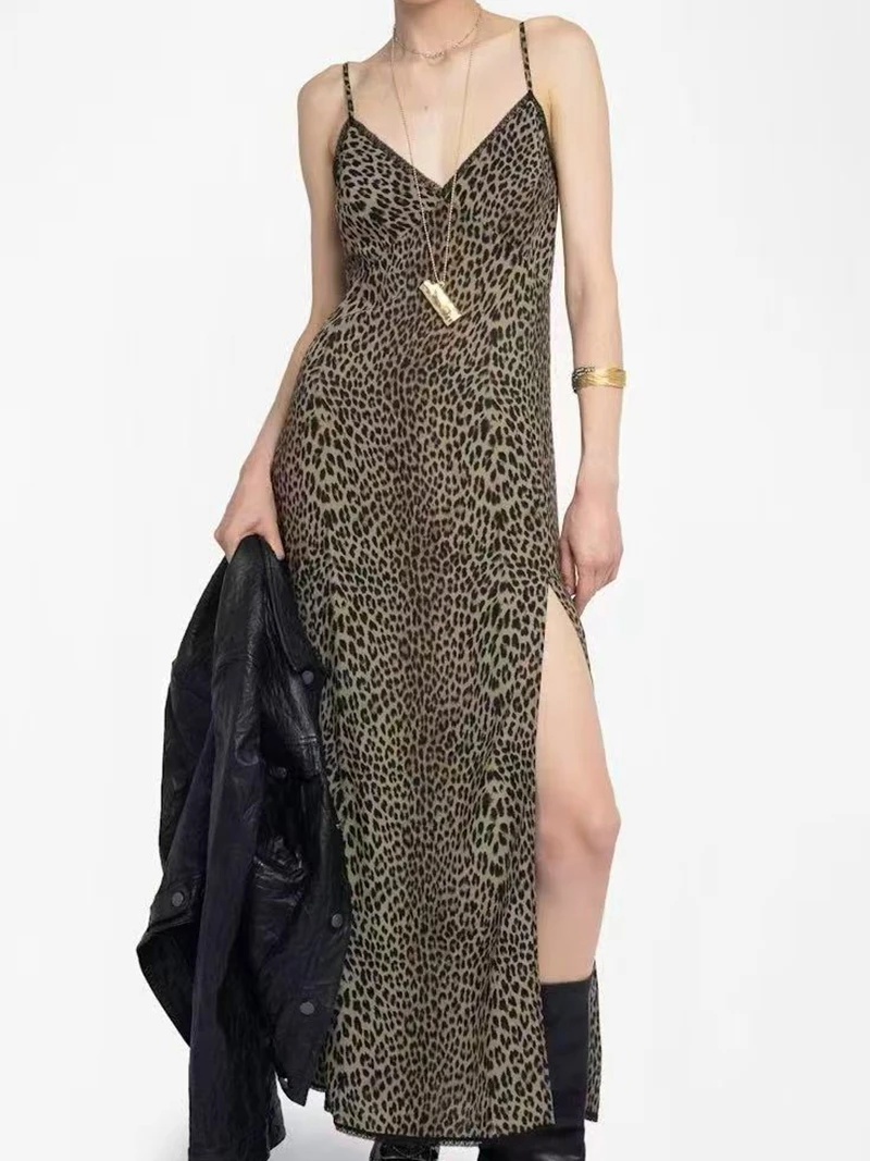 

Платье, женское модное индивидуальное классическое платье цвета хаки с леопардовым принтом и v-образным вырезом, свободное платье с длинными рукавами, платье-бретелька с v-образным вырезом и открытой спиной