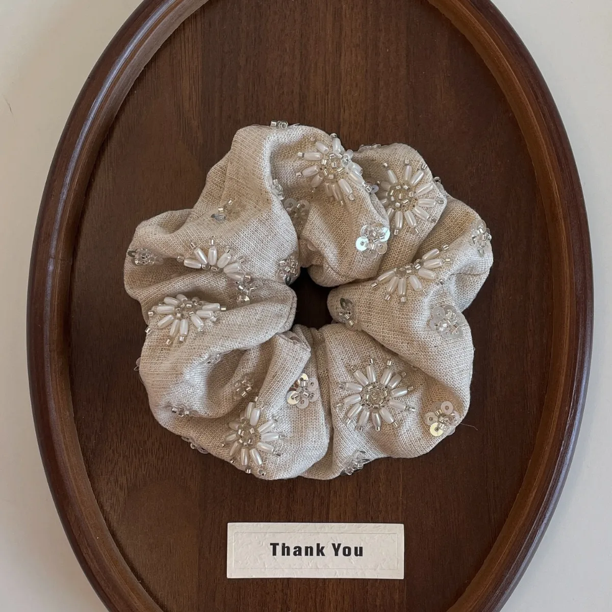 Premium Handcrafted Linen Hair Scrunchie Inlaid Silver Sequins And Beads Stylish Elegant Elastic Hair Band Daily Hair Ornament