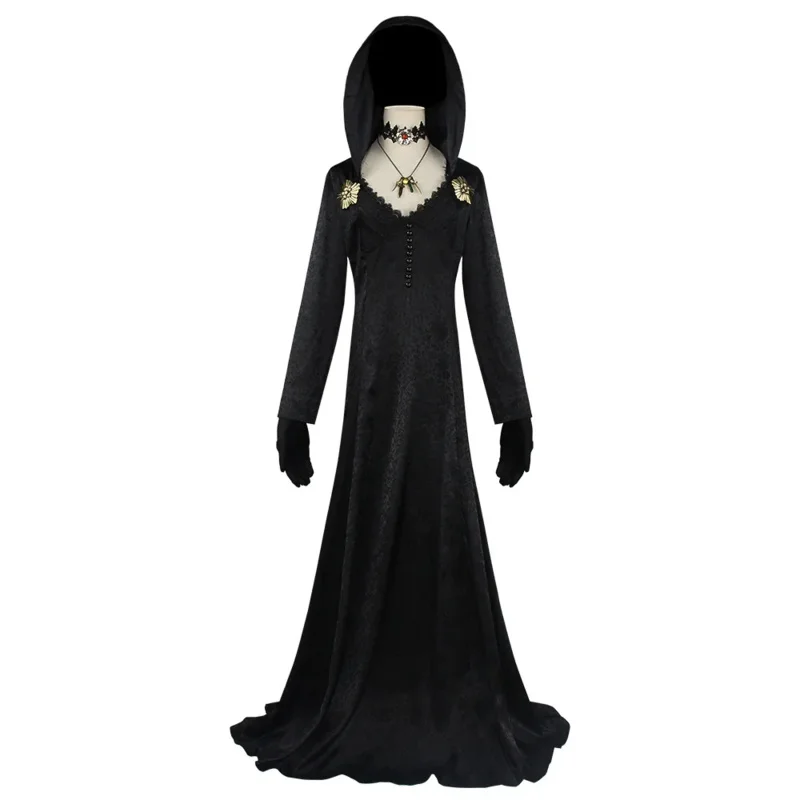 Takerlama Daughter of Lady Dimitrescu Cosplay Gothic Black Long Dress Hood Vampire Bella Cassandra Medieval Halloween Costume