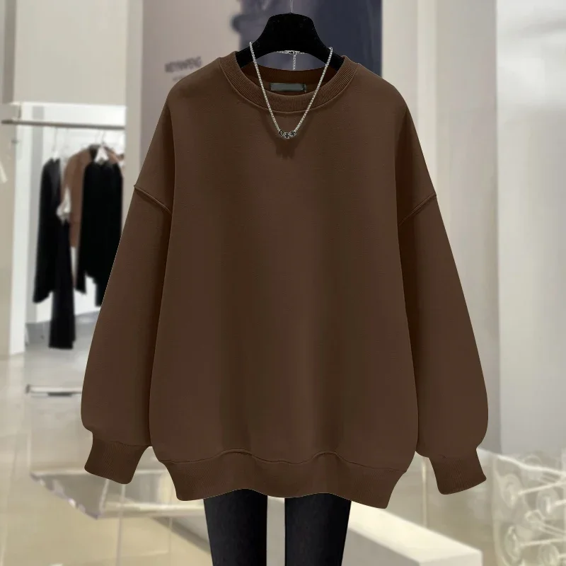 Women Clothing Basic O-neck Pure Cotton Sweatshirts Autumn Loose Casual Solid Poullovers Large Version Simple All-match Hoodies