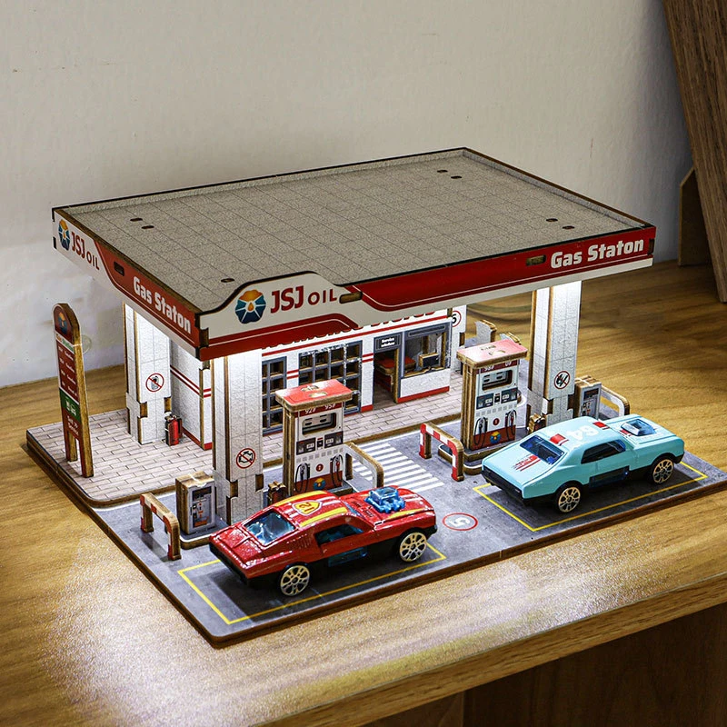LED Lighted Wooden Assembly Miniature Model (Gas Station/Coffee Shop) with Alloy Car Parking Lot Scene for Home Office Decorati