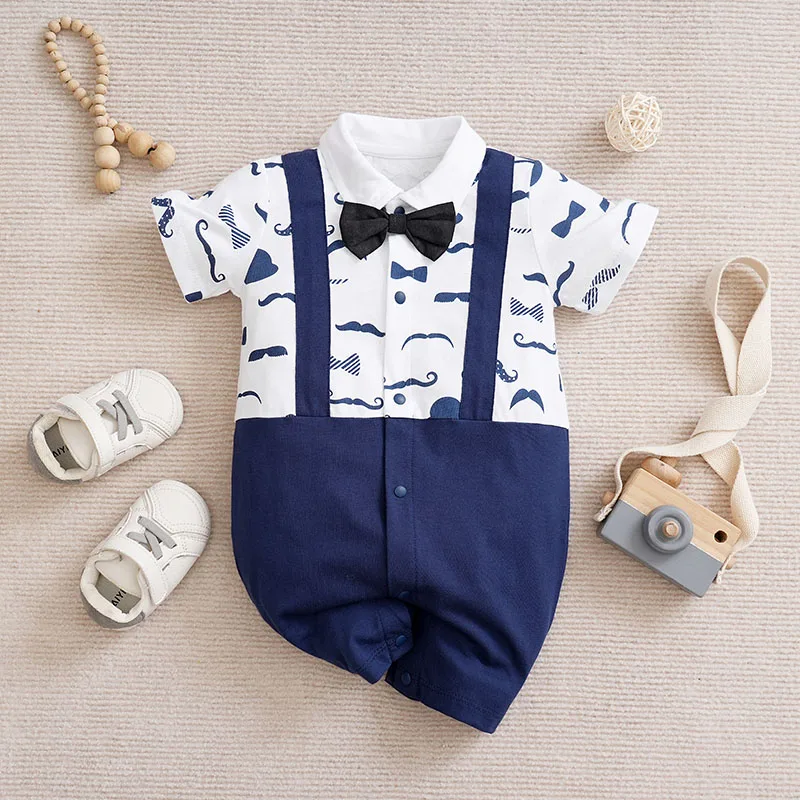 

Baby Gentleman Newborn Toddler Baby Jumpsuit Print Boys Cartoon Printed Clothes Short Sleeve Bow Tie Romper Moustache Cotton