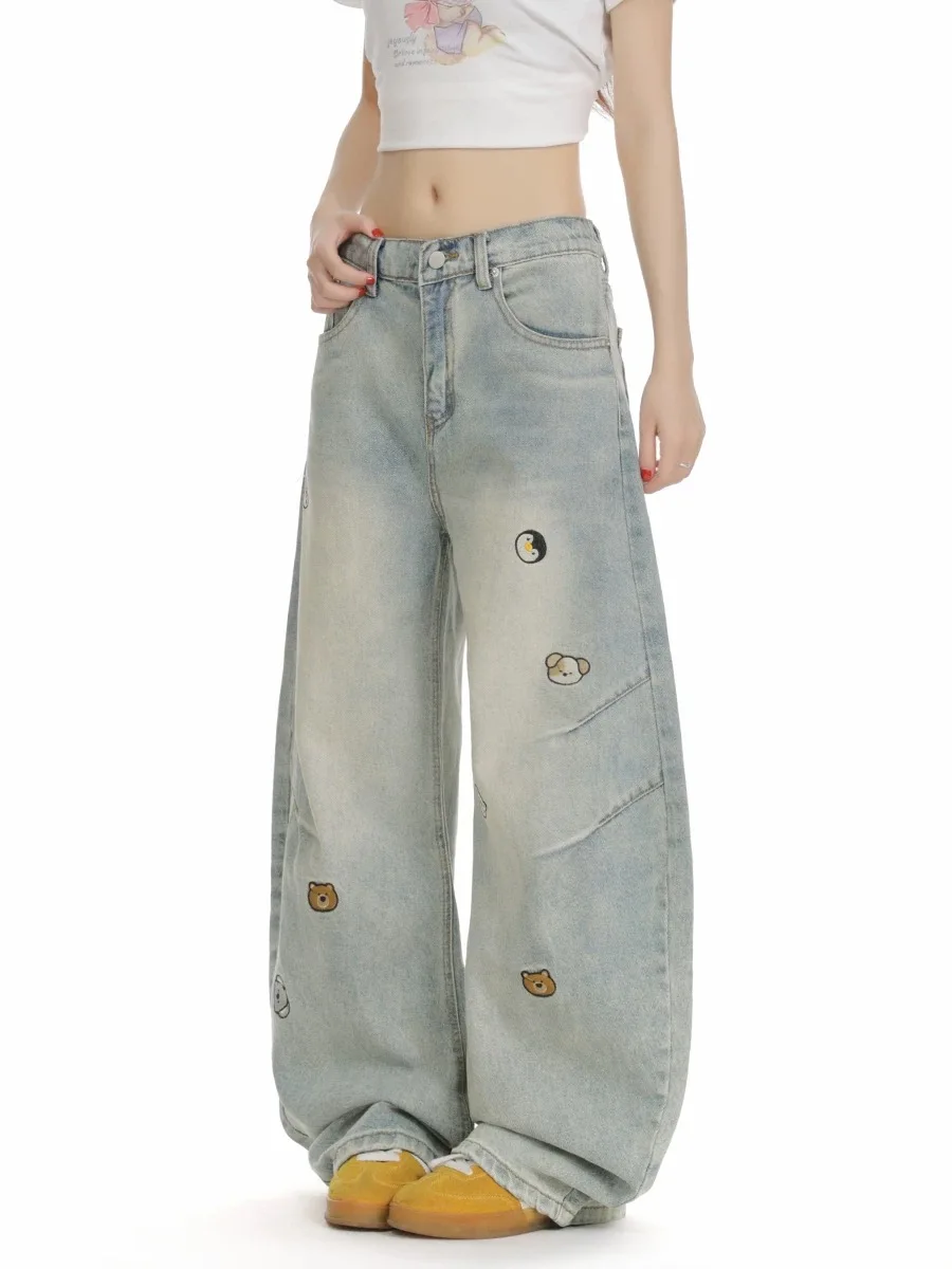 

Fashion Street Simple Basic Woman Jeans American Summer New Slim Women Jeans Chicly Animal Embroidery Straight Leg Pants Female