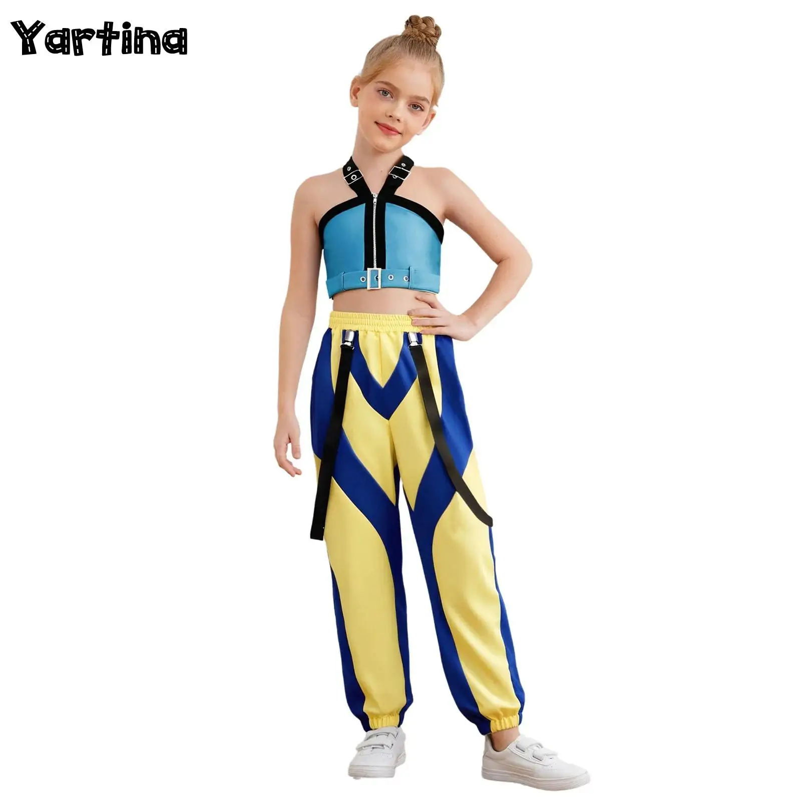 

Girls Demon Hunters Halloween Outfits Cosplay Costume Set KPop Singer Front Zipper Crop Top with A Waist Belt And Long Pants