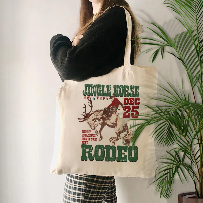 Jingle House Elk Rodeo Pattern Canvas Tote Bag Christmas Xmas Gift for Friends Sister Mother Daughter Women Shopping Bag Trend