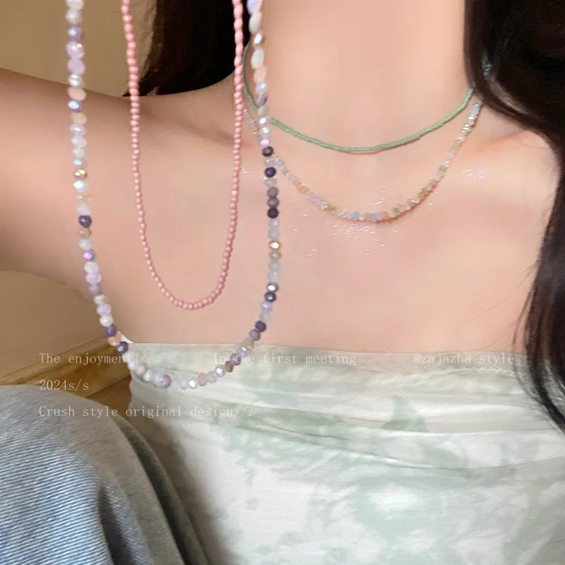 Beaded Necklace Multicolor Double Layered Vacation Style Sweet Unique Choker Lightweight Resin Beads Silver Tone Chain Women