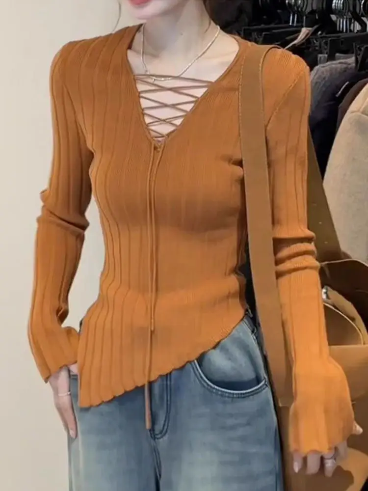 

Hot Girl V-Neck Lace-Up Irregular Sweater Women Autumn Winter New Style Slim Fashionable And Chic Top