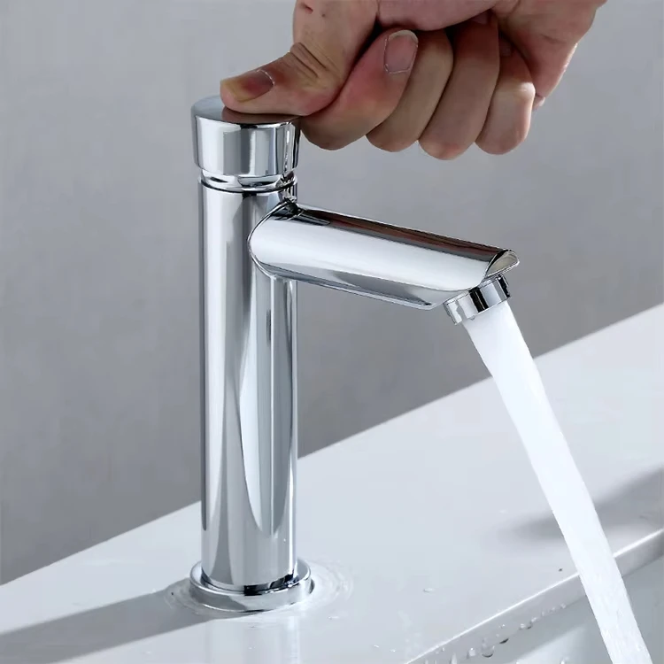 Modern  Chrome-plated Stainless Steel Basin Faucet Time Delay Discharge Bathroom Sink Faucets Single Cold Water Delay Faucet