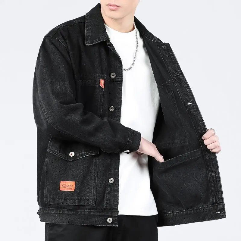 American Style Men's Fleece Lined Loose Denim Jacket Multi Pockets Large Size Autumn Winter High End Wear Resistant Coat