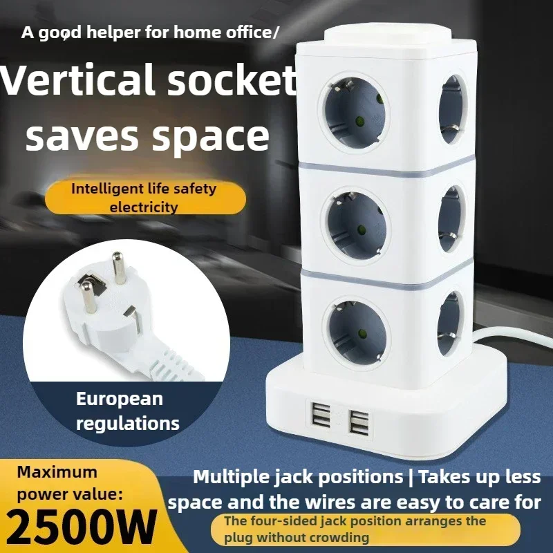 New AC220V EU Vertical Socket 2500W 10A Power Strip with USB 1.8 Meters Power Board PP + PC Material Suitable for Home Office