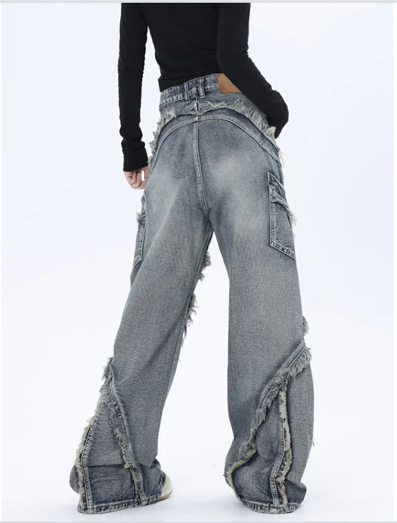 Wide Leg  Jeans Women Denim Pants Spliced Rough Selvedge Y2k Pants Vintage Lace-up Jeans Streetwear Fashion Trousers