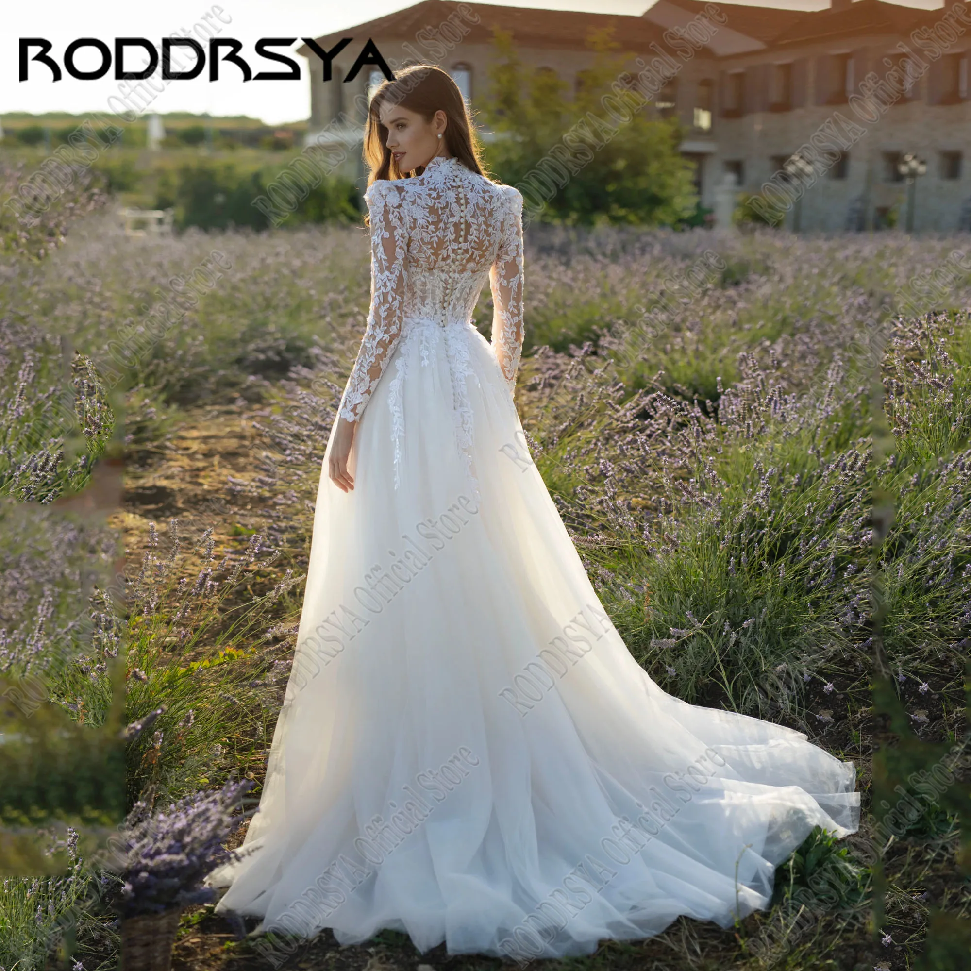 chinese dress ladies Elegant Crew Neck Long Sleeve A-Line Wedding Dresses with Pocket Ivory / 4