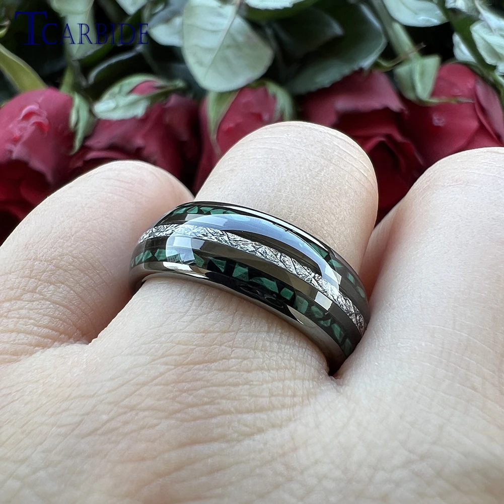 Dropshipping 8MM Men Women New Wedding Band Tungsten Carbide Ring with Bright Meteorite and Malachite Inlay Comfort Fit view 4