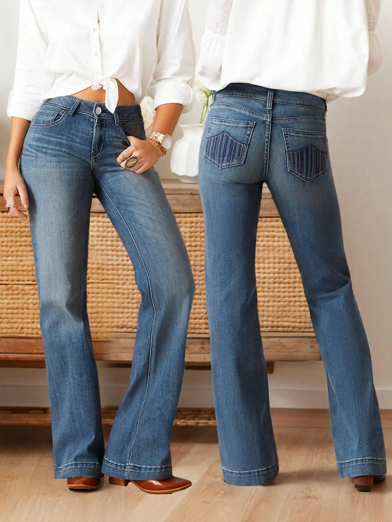 

Womens Jeans Pants Vintage Light Blue Microflare Floor Length Stretchy Tailored Embroidered Back Pocket Slim Office Trousers