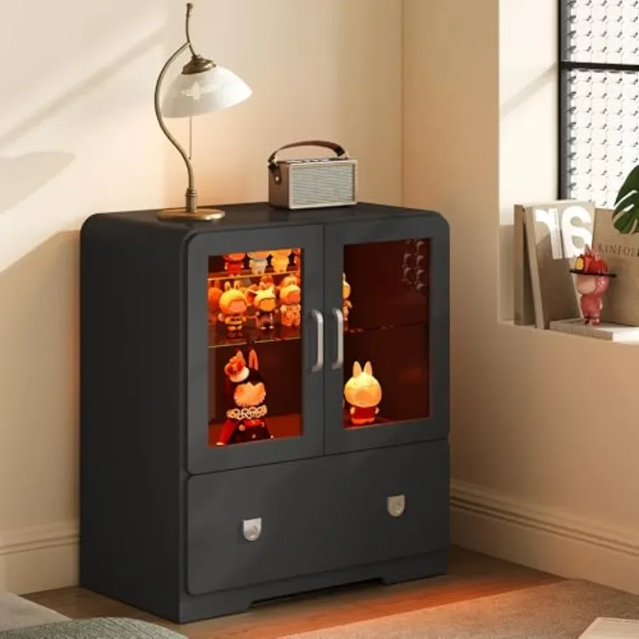 Living room display cabinet with acrylic doors, tall curio cabinet with LED lights, modern storage cabinet in white with adjust
