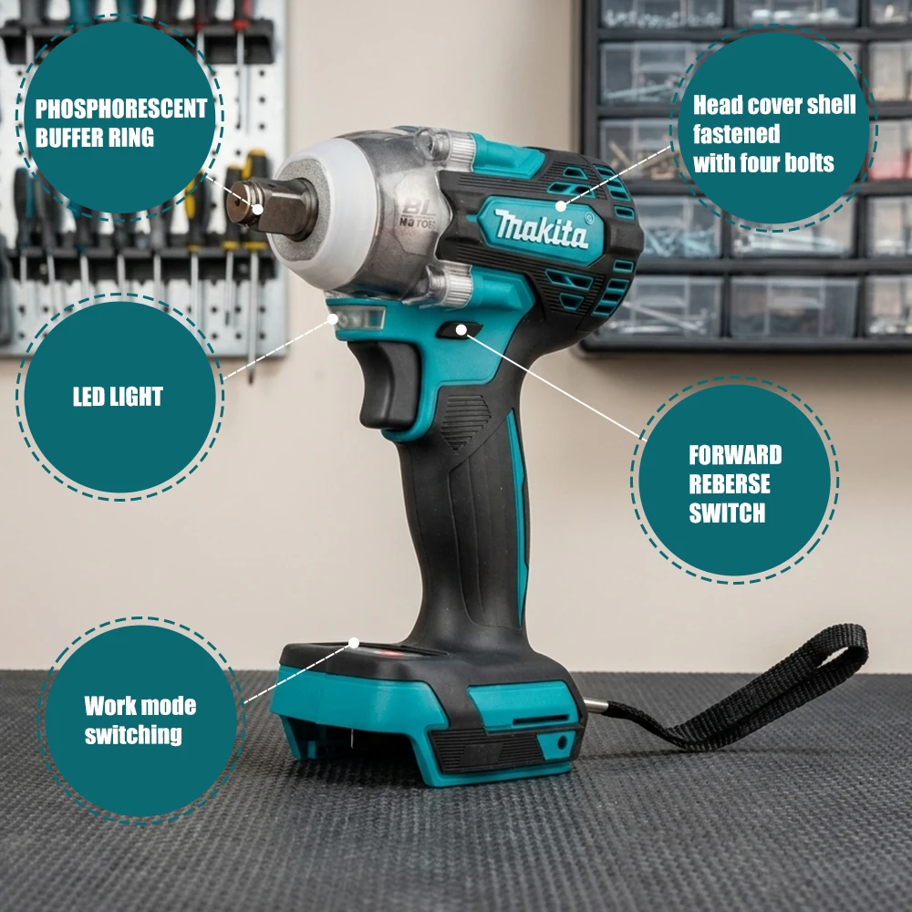 For Makita 18v Battery Pins Brushless Cordless DTW300 Impact Wrench,4‑Mode Adjustable LED Light Forward Reverse Electric Wrench