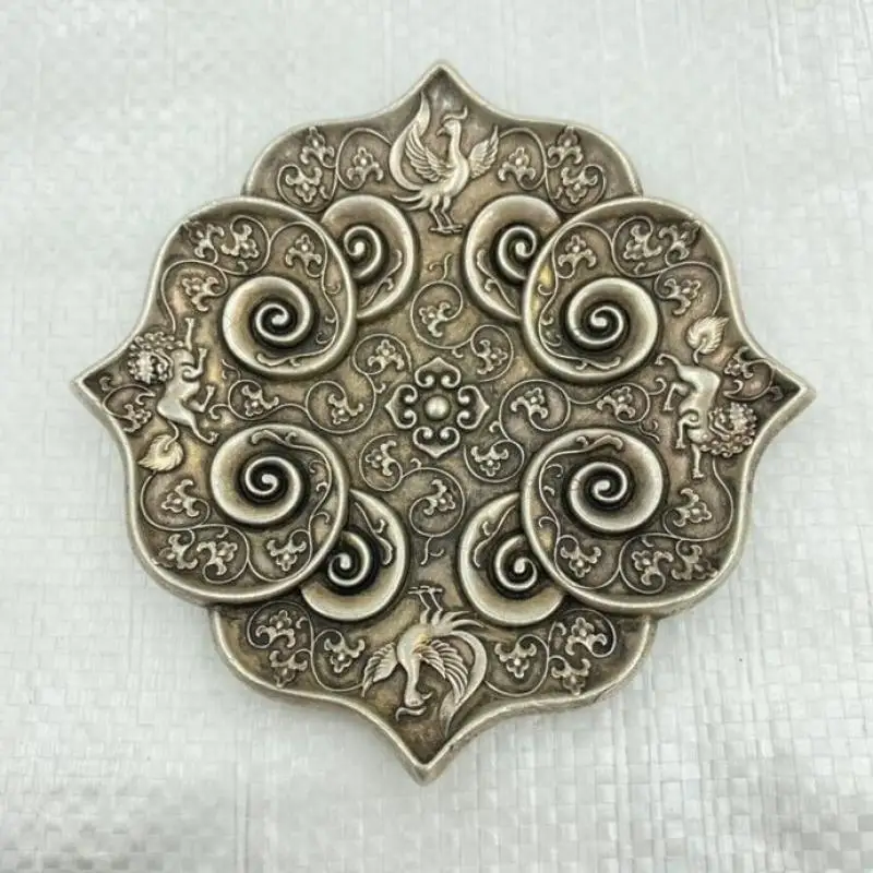 

chinese tibet silver hand carved phoenix flower fengshui plate statue decoration