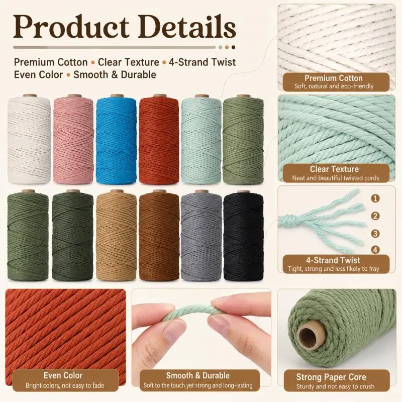 1 Rolle 3 mm dickes, handgewebtes Baumwollseil, farbige Kordel, geeignet für Geschenkverpackungen, Dekoration, DIY-Bastelzubehör. – Detail 5