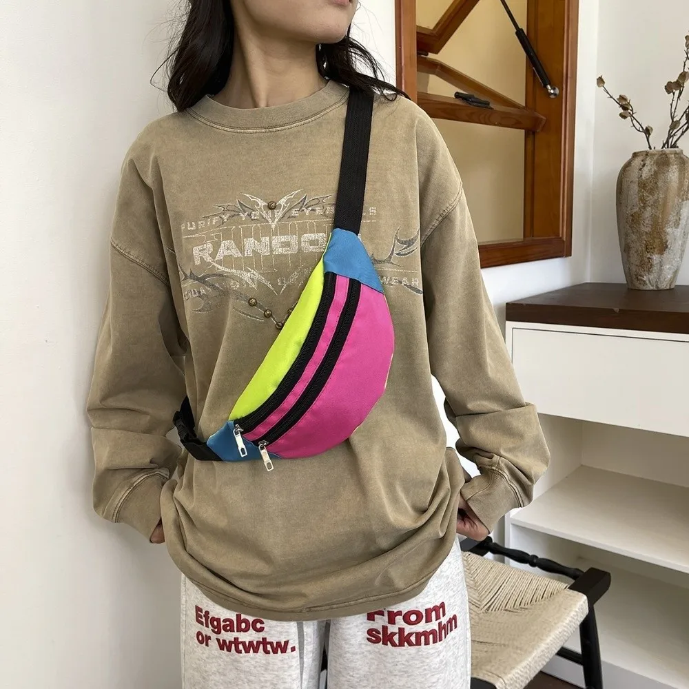 Canvas Material Color Blocking Waist Bag Lightweight Large Capacity Bum Belt Phone Pouch Banana-Shaped Adjustable Strap