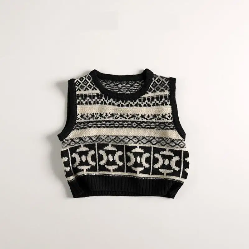 

Autumn New Children Sleeveless Vest Jacket Vintage Striped Boys Girls Versatile Knitted Sweater Baby Windproof Vest Kids Clothes